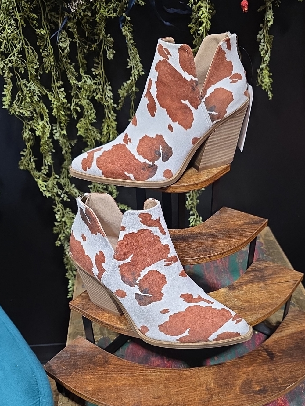 Buckle Brown and White Cowhide Suede Like Print Ankle Booties